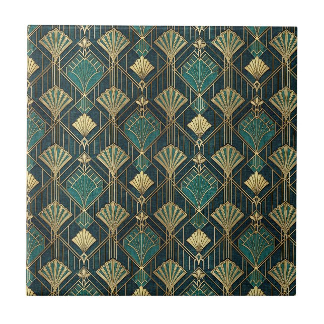 Art Deco Teal and Gold Geometric Abstract Pattern Tile (Front)
