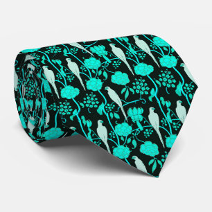 ART DECO TEAL BLUE FLOWERS,WHITE PARROTS ON BLACK TIE