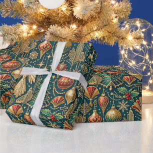 Art Deco Teal Gold Christmas Ornament Illustration Wrapping Paper