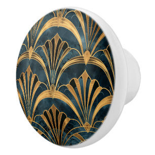 Art Deco Teal Gold Fan Pattern Design Ceramic Knob