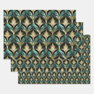 Art Deco Teal & Gold Fan Pattern Wrapping Paper