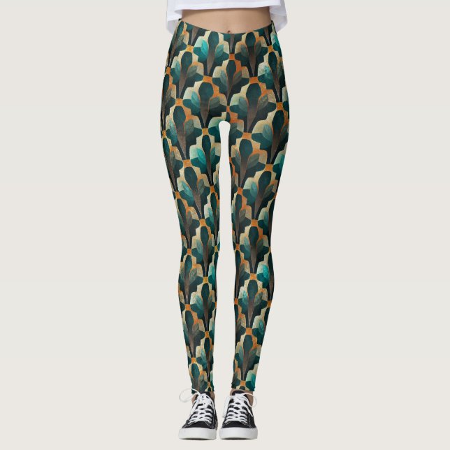 Art Deco Teal & Gold Geometric Pattern (1) Leggings (Front)