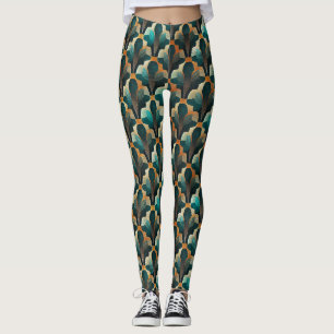 Art Deco Teal & Gold Geometric Pattern Leggings