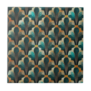 Art Deco Teal & Gold Geometric Pattern Tile