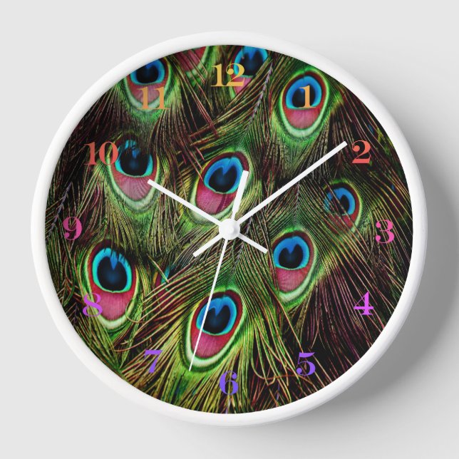 art deco teal green turquoise peacock feather clock (Front)