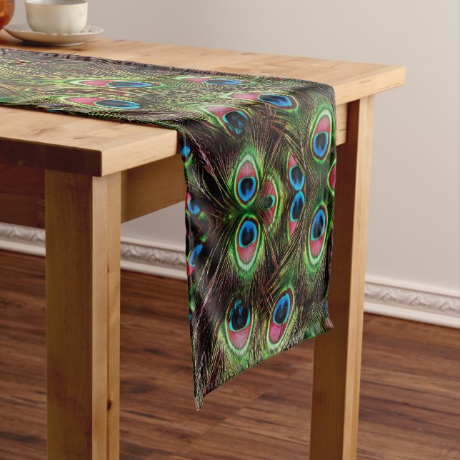 art deco teal green turquoise peacock feather medium table runner (In Situ)