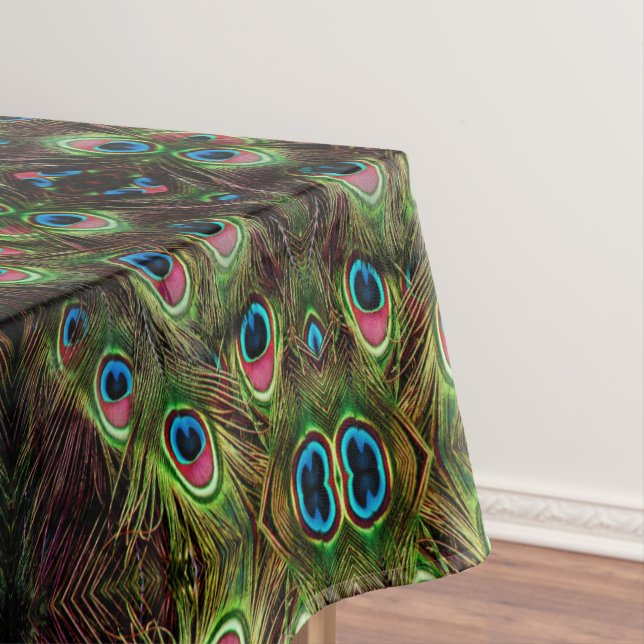 art deco teal green turquoise peacock feather tablecloth (In Situ)