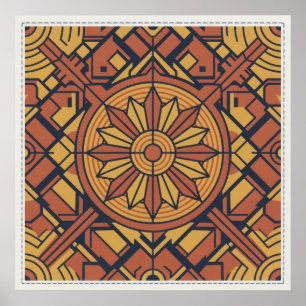 Art Deco Terracotta Mustard Sunburst Art Poster