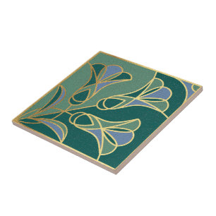 Art Deco Tile Floral. Green, Blue and Gold