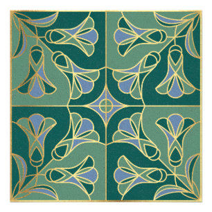 Art Deco Tile Floral. Green, Blue and Gold Photo Print