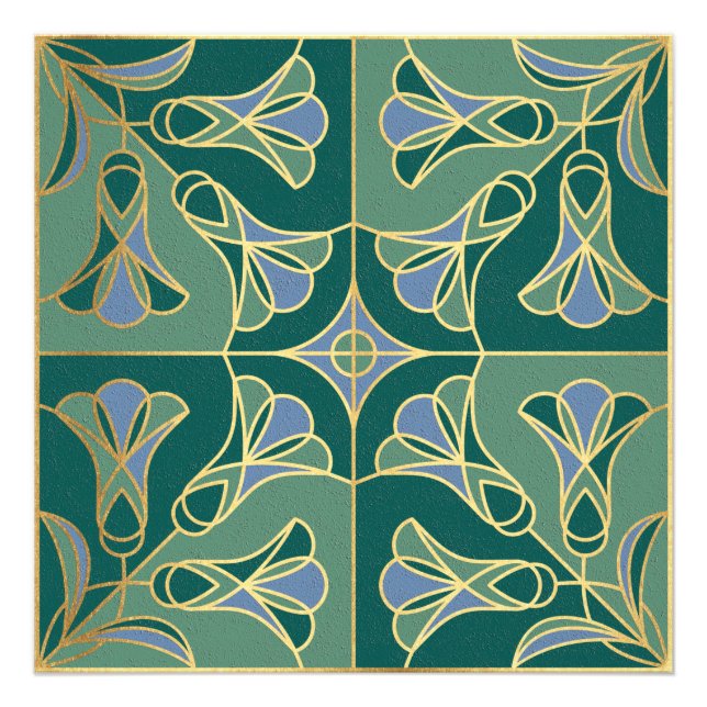 Art Deco Tile Floral. Green, Blue and Gold Photo Print (Front)