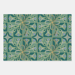Art Deco Tile Floral. Green, Blue and Gold Wrapping Paper Sheet