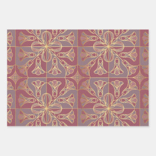 Art Deco Tile Floral. Mauve and Gold Wrapping Paper Sheet