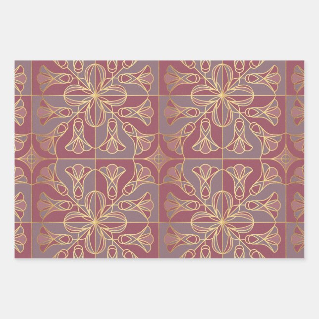 Art Deco Tile Floral. Mauve and Gold Wrapping Paper Sheet (Front)