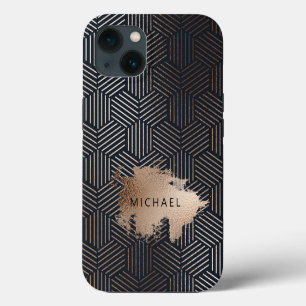 Art Deco Trendy Hexagon Navy Blue Bronze Foil Line iPhone 13 Case