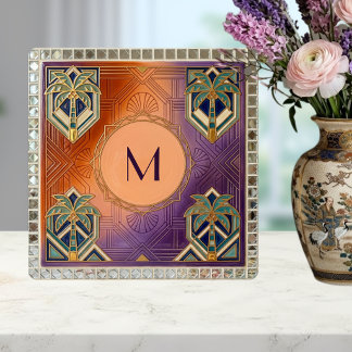Art Deco Tropical Orange Palm Tree Monogram Tile