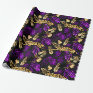 Art Deco Tropical Purple and Gold Tiger Wrapping Paper