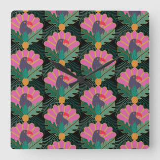 Art Deco Tropical Toucans & Pineapples Square Wall Clock