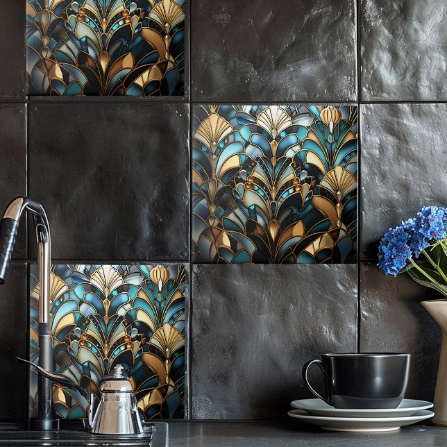 Art Deco Turquoise Black Gold Fan Ceramic Tile (Creator Uploaded)
