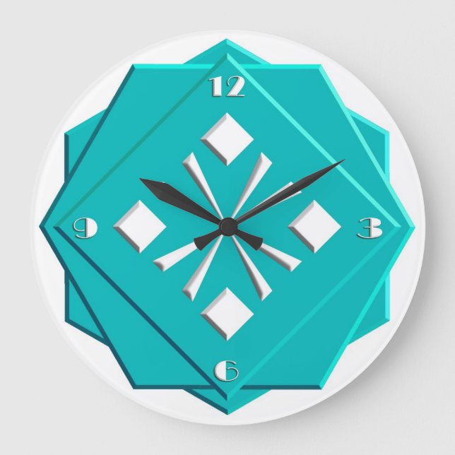 Art Deco turquoise blue geometric pattern Large Clock (Front)