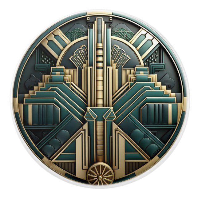 Art Deco Turquoise Gold & Black Geometric Ceramic Knob (Front)
