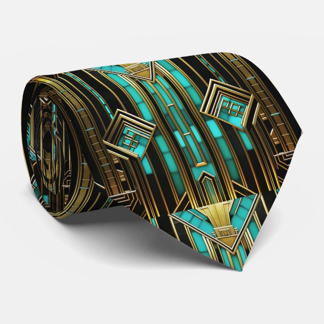 Art Deco Turquoise Gold Black Geometric Tie (Rolled)