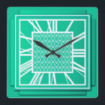 Art Deco, turquoise / peacock Square Wall Clock<br><div class="desc">Art Deco,  turquoise / peacock blue-green 3-d effect wall clock with white numbers - digital graphics</div>