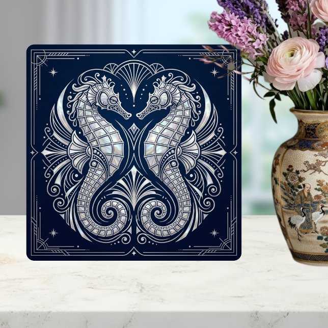 Art Deco Two Seahorses Mother of Pearl Blue Tile (Creator Uploaded)