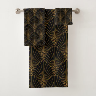 Art Deco Vintage Abstract Geometric Black and Gold Bath Towel Set