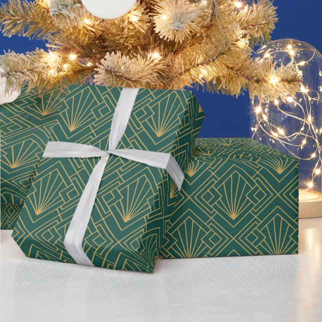 Art Deco Vintage Abstract Geometric Green and Gold Wrapping Paper (Holidays)