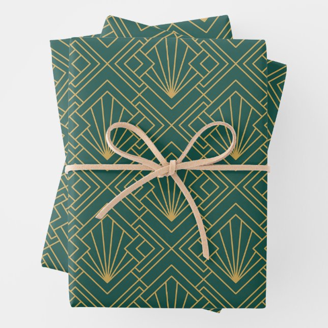Art Deco Vintage Abstract Geometric Green and Gold Wrapping Paper Sheet (In situ)