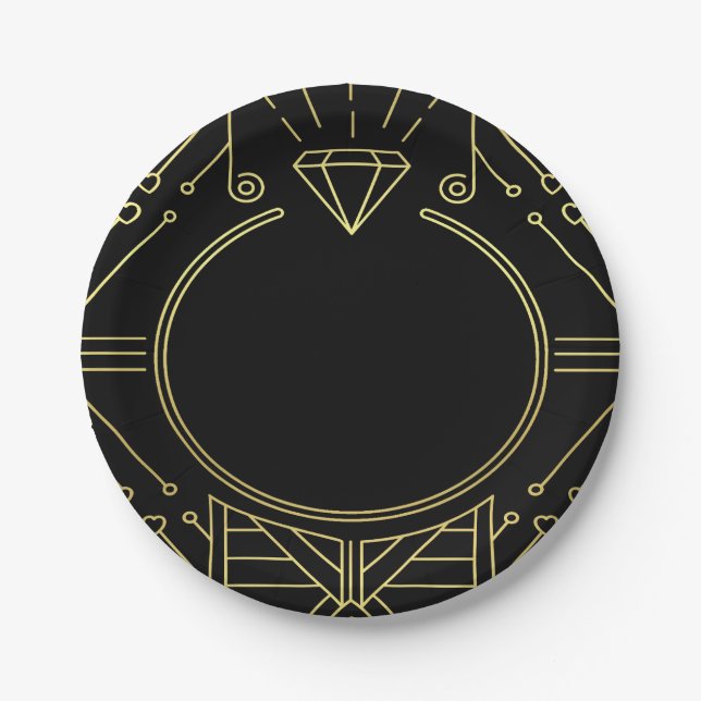 Art Deco Vintage Black Gold Bridal Shower Plates (Front)