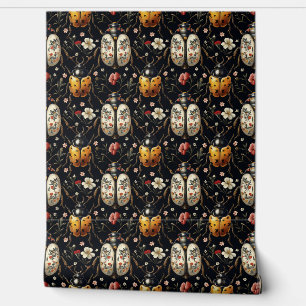 Art Deco Vintage Black Gold Floral Beetle Wallpaper