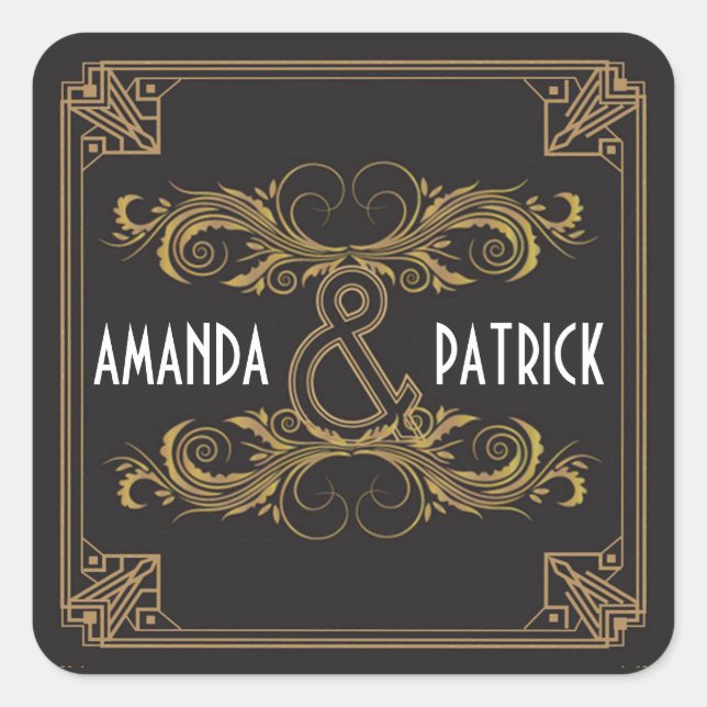 Art Deco Vintage Black & Gold Wedding Stickers (Front)