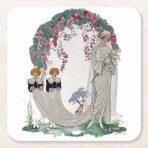 Art Deco Vintage Bride Square Paper Coaster