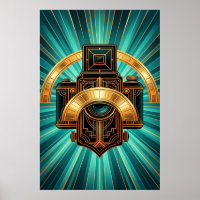 Art Deco Vintage Camera Lens Gold & Teal