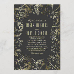 Art Deco Vintage Floral Black and Gold Wedding Invitation