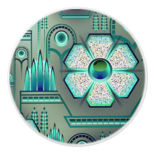 Art deco vintage floral geometric teal white ceramic knob