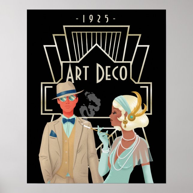 Art Deco Vintage Glam 1920s Couple Black Poster (Front)