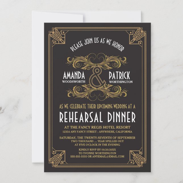 Art Deco Vintage Gold Rehearsal Dinner Invitations (Front)