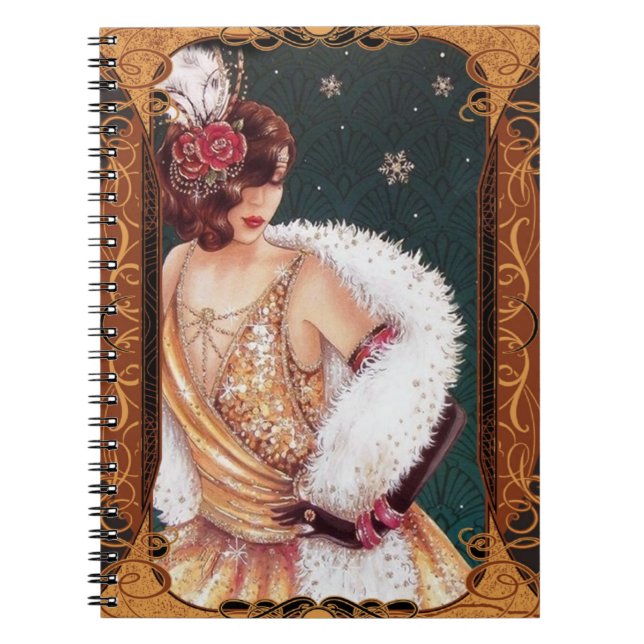 Art Deco Vintage Lady Starry Spiral Photo Notebook (Front)