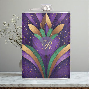 Art Deco Vintage Mardi Gras Fleur-de-lis Monogram  Hip Flask