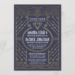 Art Deco Vintage Navy and Gold Wedding Invitations