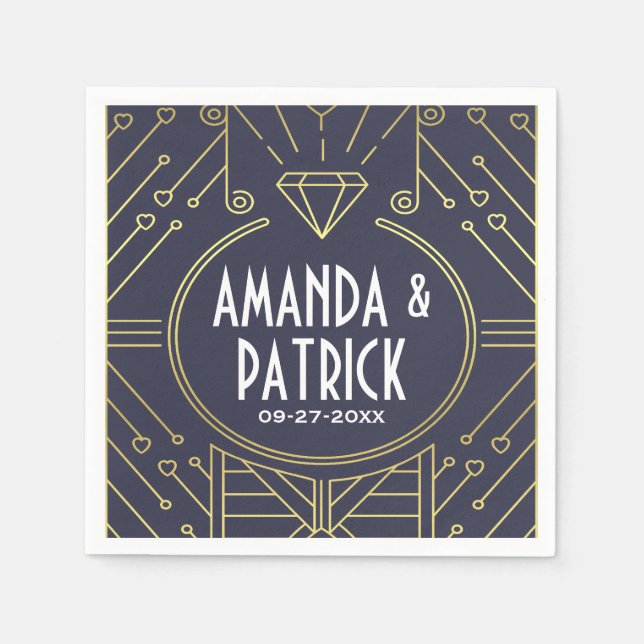 Art Deco Vintage Navy Blue & Gold Wedding Napkins (Front)