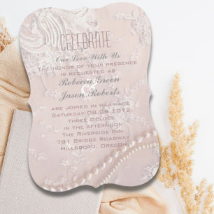 Art Deco vintage pearl lace blush pink wedding Invitation