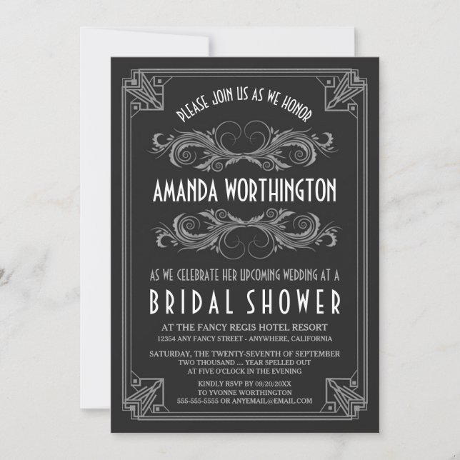 Art Deco Vintage Silver Bridal Shower Invitations (Front)