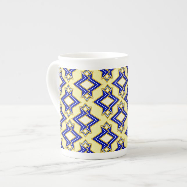 Art Deco Wallpaper Pattern, Beige and Blue Bone China Mug (Front Left)