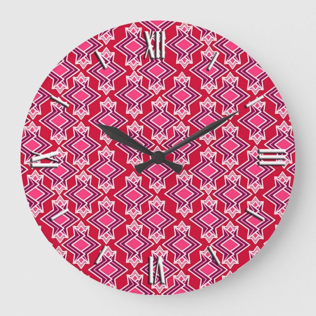 Art Deco Wallpaper Pattern, Burgundy Wine Large Clock (Front)