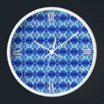 Art Deco wallpaper pattern - cobalt blue and white Wall Clock<br><div class="desc">A vintage,  Art Deco wallpaper / tiled pattern - shades of turquoise,  white and teal,  with a solid cobalt blue background</div>
