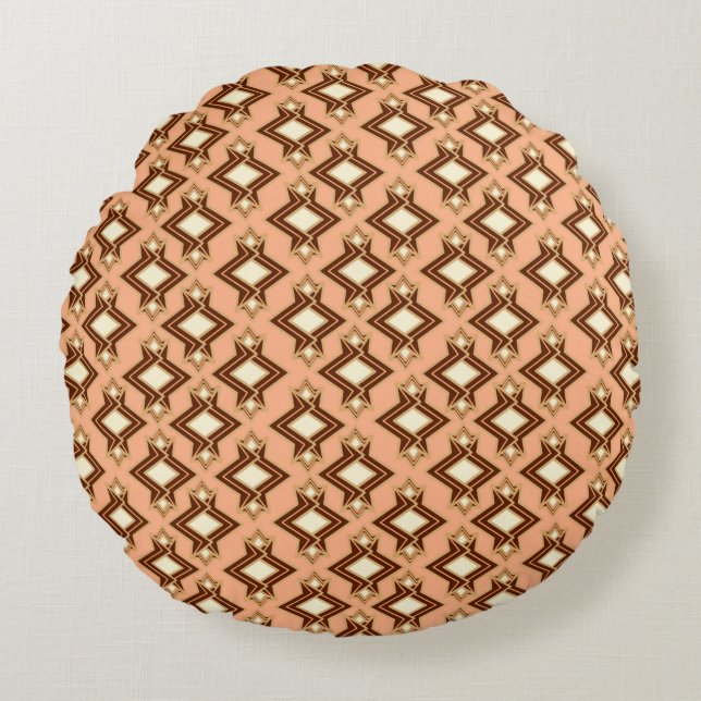 Art Deco Wallpaper Pattern, Coral and Brown Round Cushion (Front)